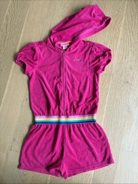 Juicy Couture Hot Pink Hooded Terry Short Romper with Rainbow trim- cover up